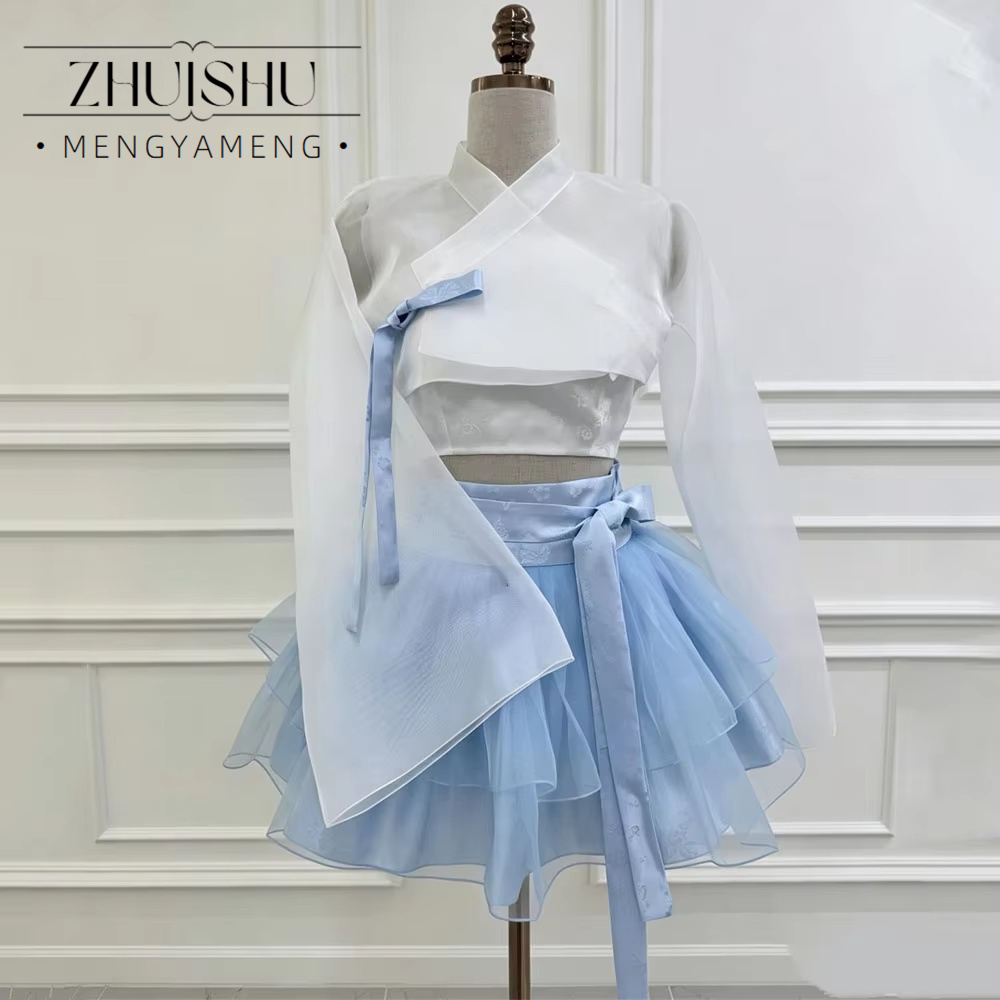 Modern Korean Lifestyle - Moderne blauw-witte 3-delige korte concert-hanbok, strapless,